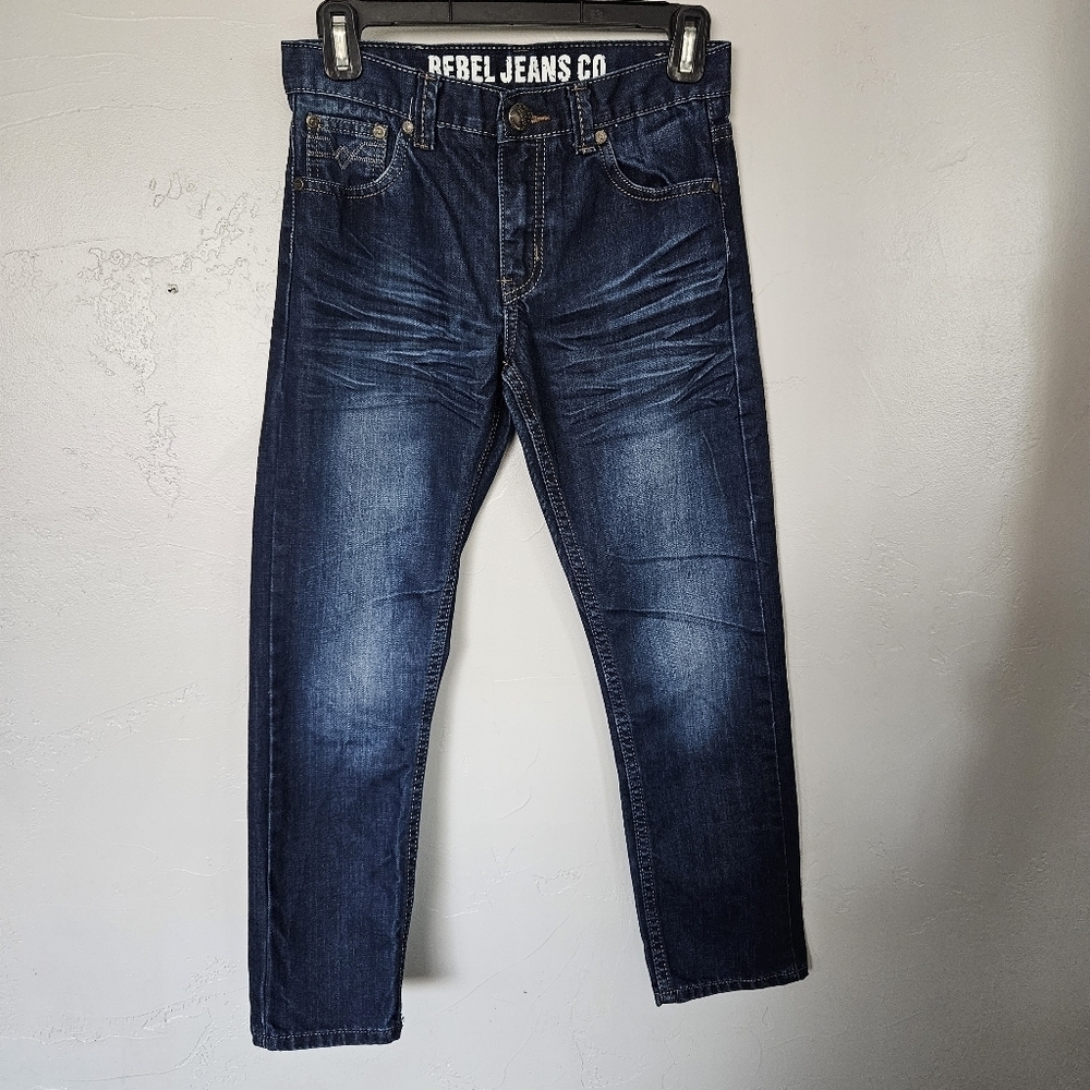 Rebel Jeans Co. Boys 12 Dark Wash Denim Straight Leg Jeans Whiskering Fade